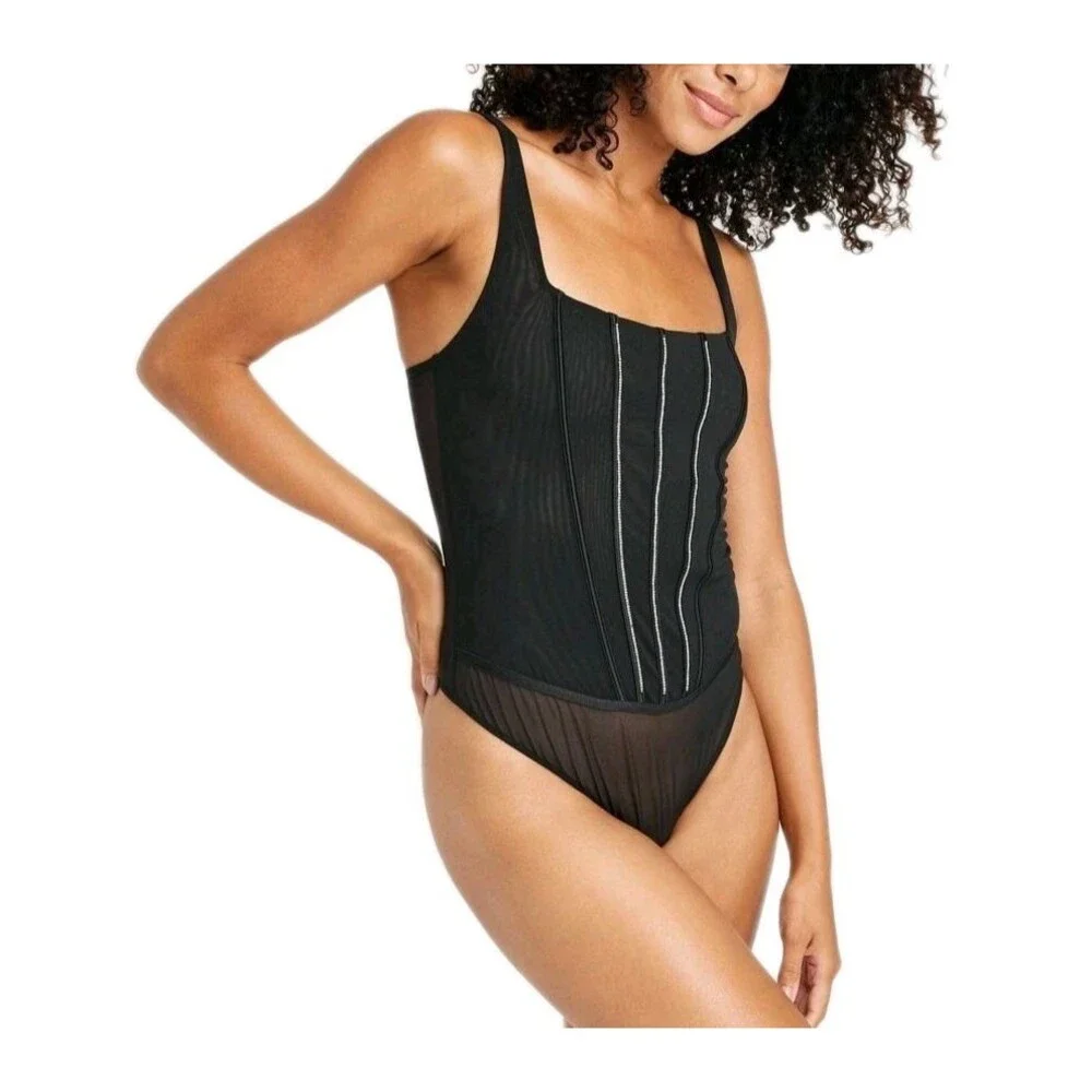 AUDEN Intimates Sheer Mesh Rhinestone Studded Thong Lingerie Bodysuit Black NWT